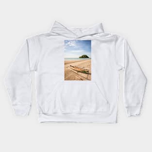 Small fishing boat at beach Kids Hoodie